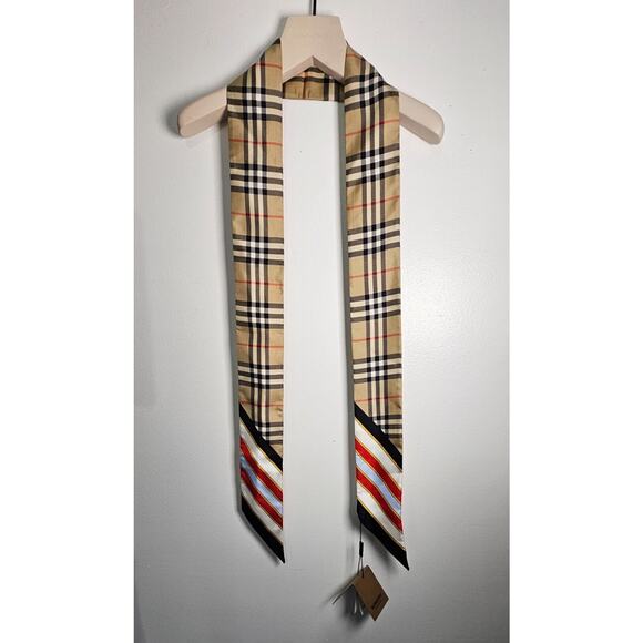 Burberry Skinny Silk Ribbon Scarf TB Monogram Kensington Posy 71" Made In Italy - Picture 2 of 7